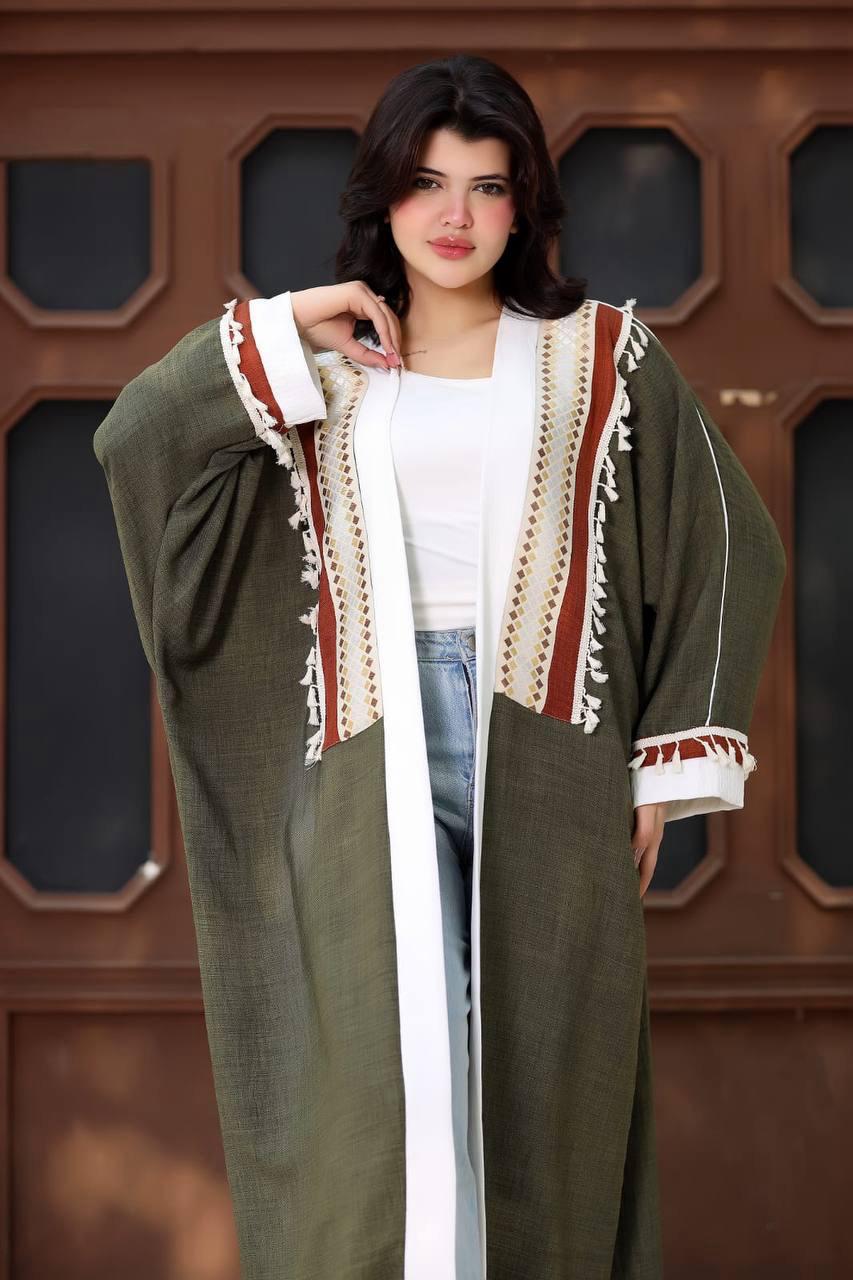 Hand Made Linen Kaftan 2PCs Set Olive