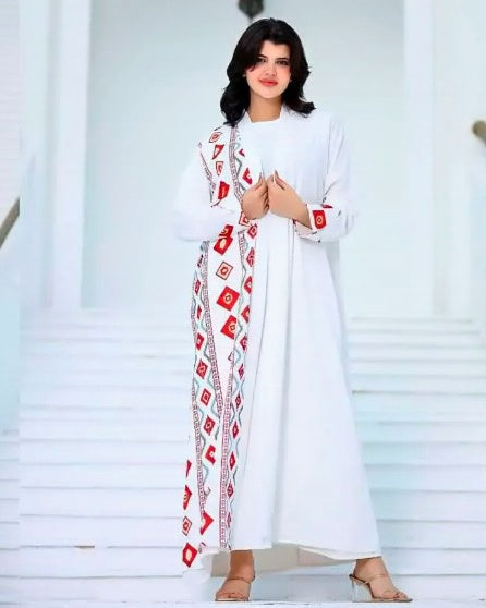 Modest Cardigan Set for Women- Printed Cardigan With Inner Beige