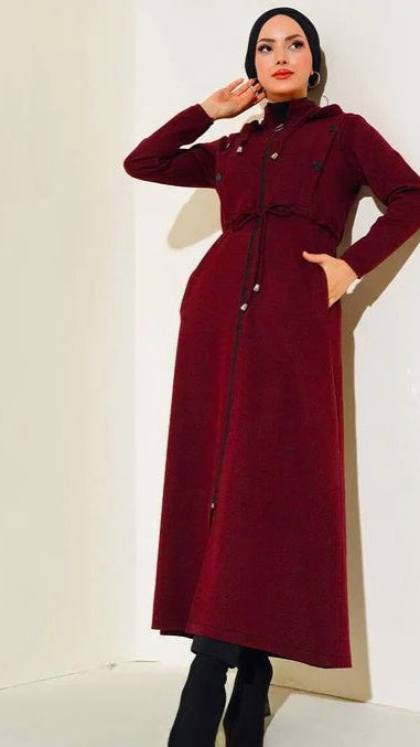 Turkish Hooded Zippered Winter Claret Abaya - USA Hijab World
