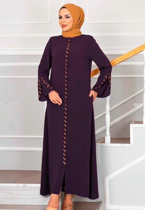 Turkish Stoned Long Zippered Silk Abaya Purple - USA Hijab World