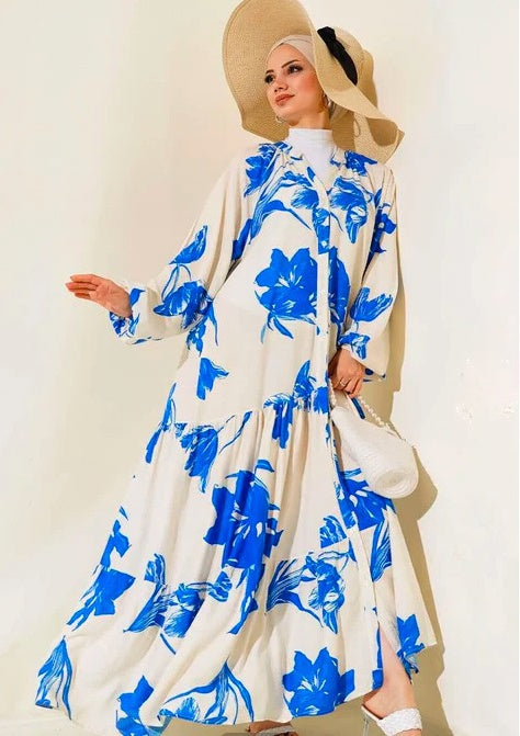 Turkish Collar Patterned Dress Saxe Blue