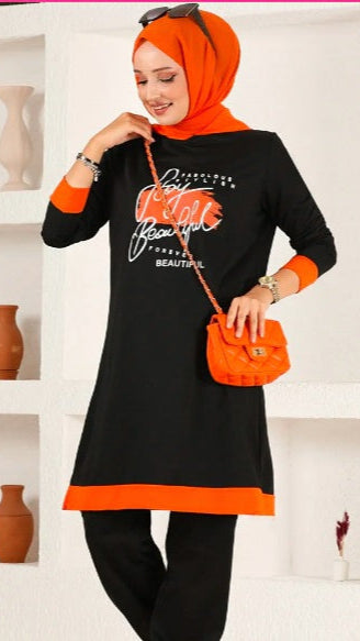 Turkish 2Pcs Hooded Long Sleeve Tunic Set Orange Black - USA Hijab World