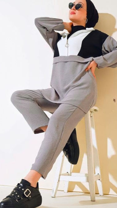 Turkish long Sleve 2 PCs Tunic Set Grey - USA Hijab World