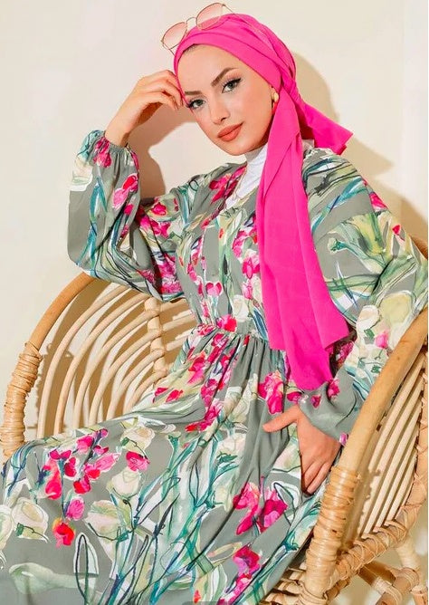 Turkish Patterned V Neck Cotton Dress Green