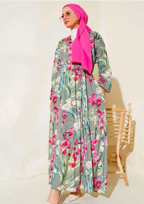 Turkish Patterned V Neck Cotton Dress Green