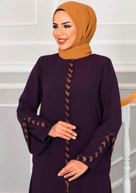 Turkish Stoned Long Zippered Silk Abaya Purple - USA Hijab World