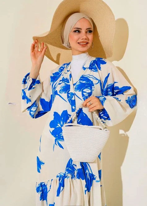 Turkish Collar Patterned Dress Saxe Blue