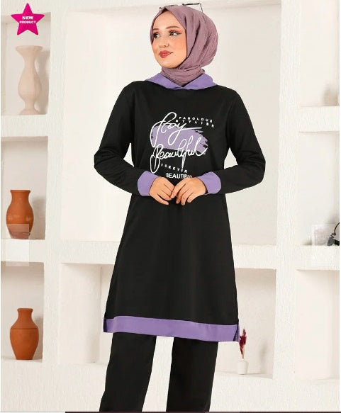 Turkish 2Pcs Hooded Long Sleeve Tunic Set Black Purple - USA Hijab World