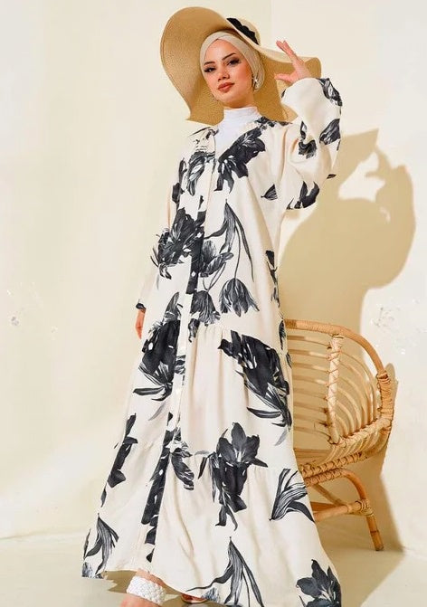 Turkish Dress with Patterned Collar Black Beige