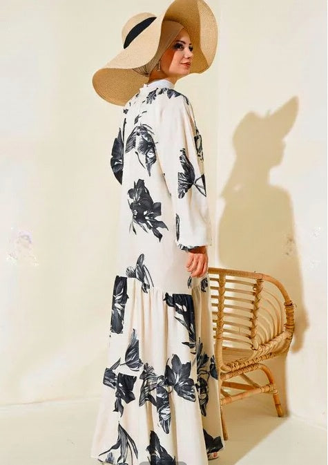 Turkish Dress with Patterned Collar Black Beige