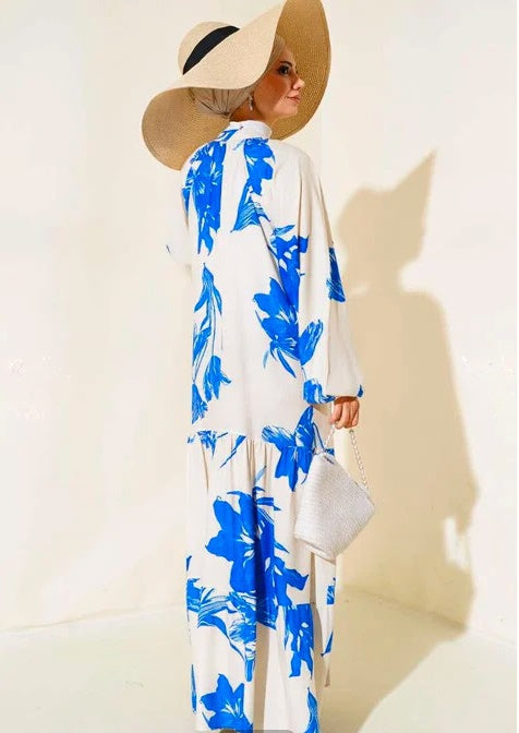 Turkish Collar Patterned Dress Saxe Blue