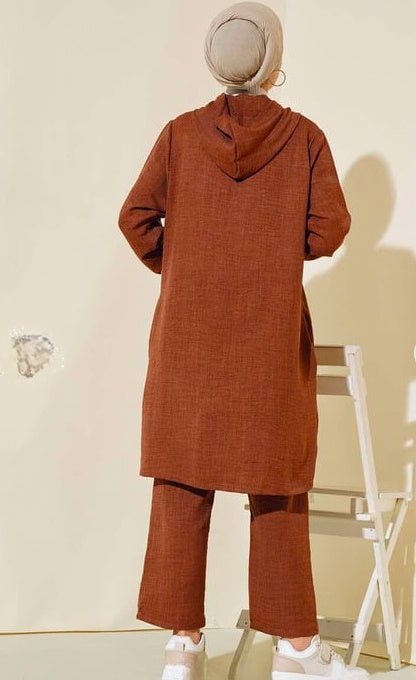 Turkish Zippered Linen 2 Pc Tunic Set Brown - USA Hijab World