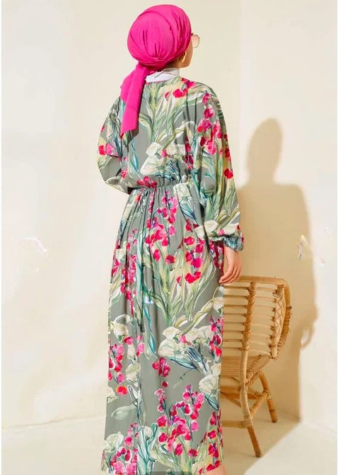 Turkish Patterned V Neck Cotton Dress Green