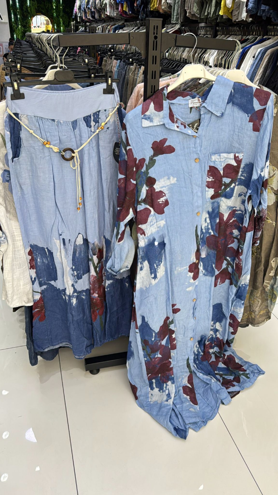 Italian Linen Dress Set with wide Pants Blue