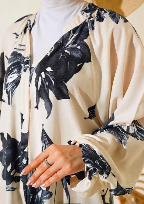 Turkish Dress with Patterned Collar Black Beige
