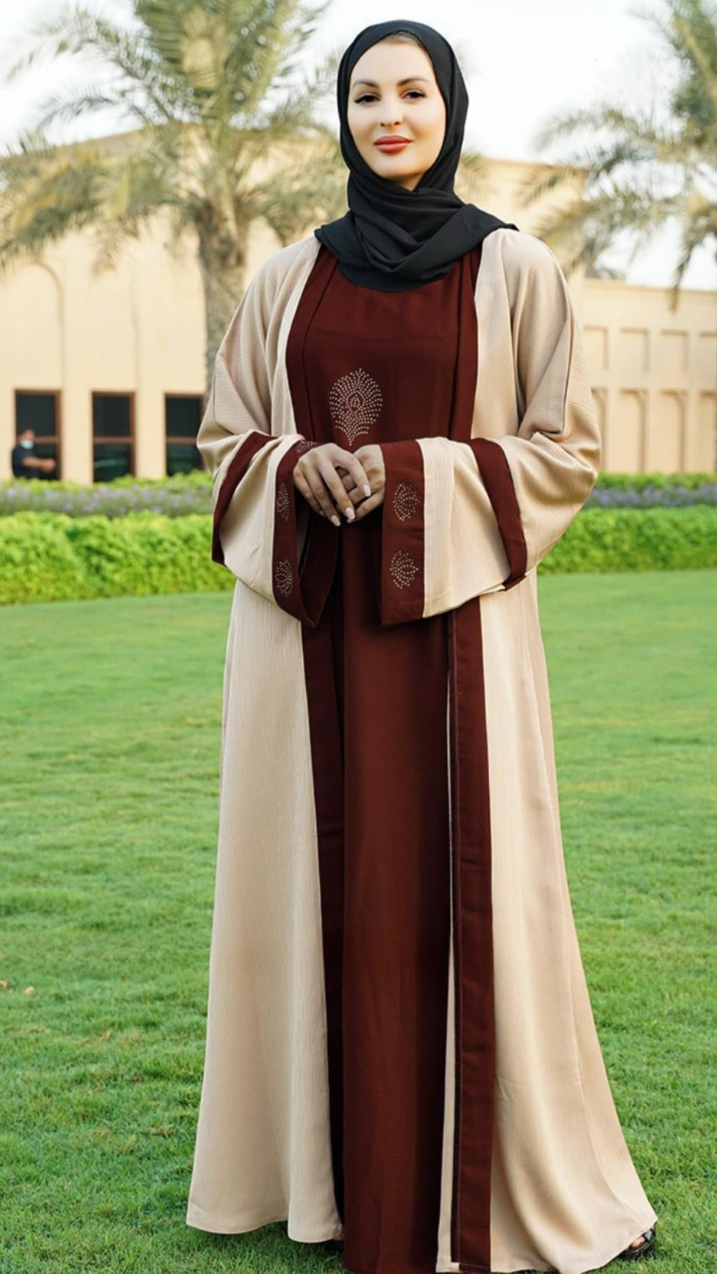Dubai Masha Crepe Dark Maroon Abaya With an Attached Cream Shrug - USA Hijab World