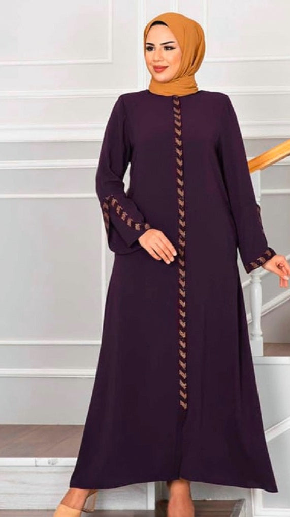 Turkish Stoned Long Zippered Silk Abaya Purple - USA Hijab World