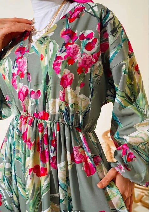 Turkish Patterned V Neck Cotton Dress Green