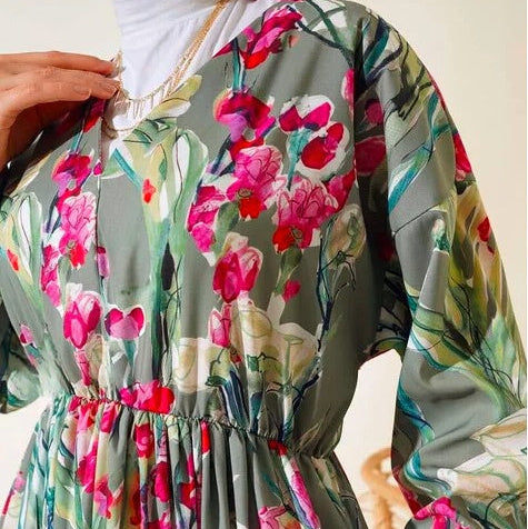 Modest Dress -Turkish Patterned V Neck Cotton Dress Green