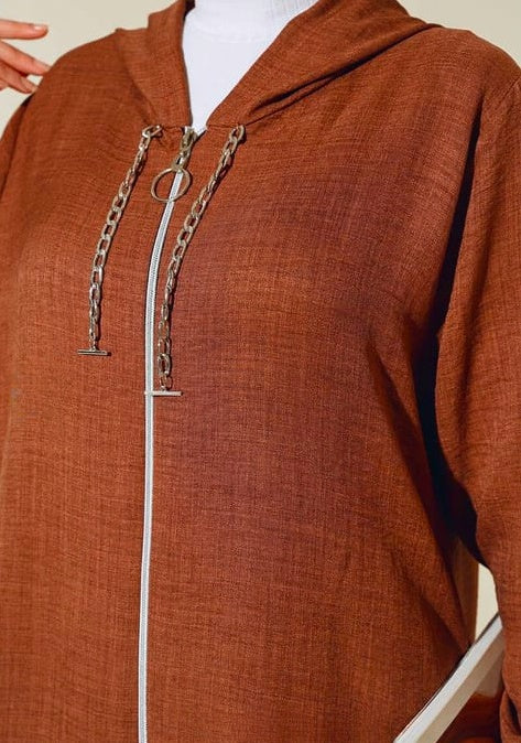 Turkish Zippered Linen 2 Pc Tunic Set Brown - USA Hijab World