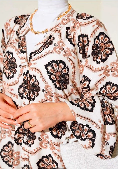 Turkish Judge Collar Patterned Casual Dress Beige