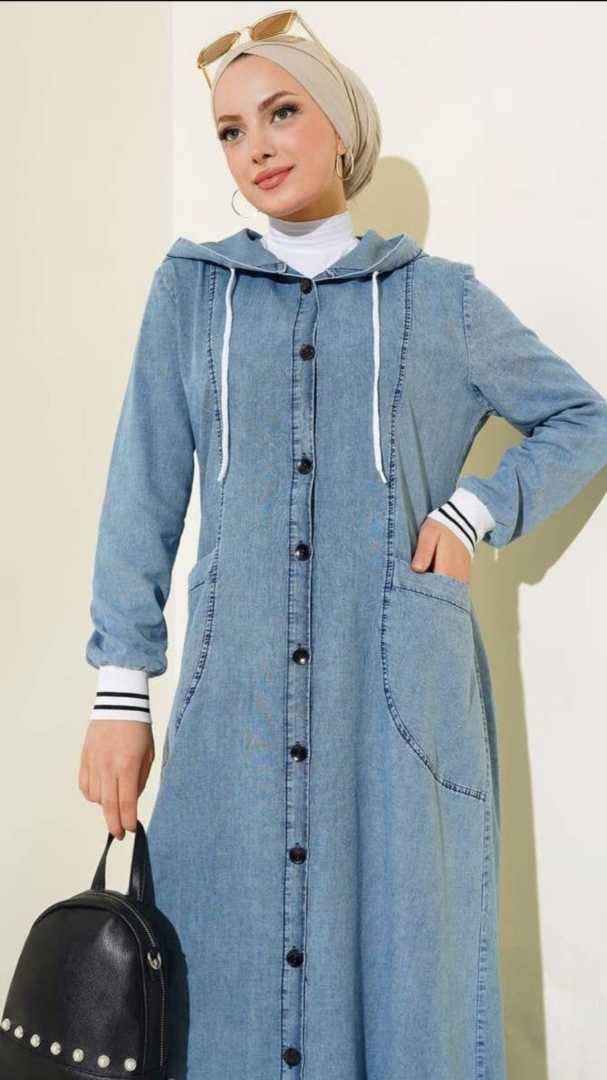 Turkish Long Sleeve Buttoned Hooded Denim Cotton Abaya - USA Hijab World