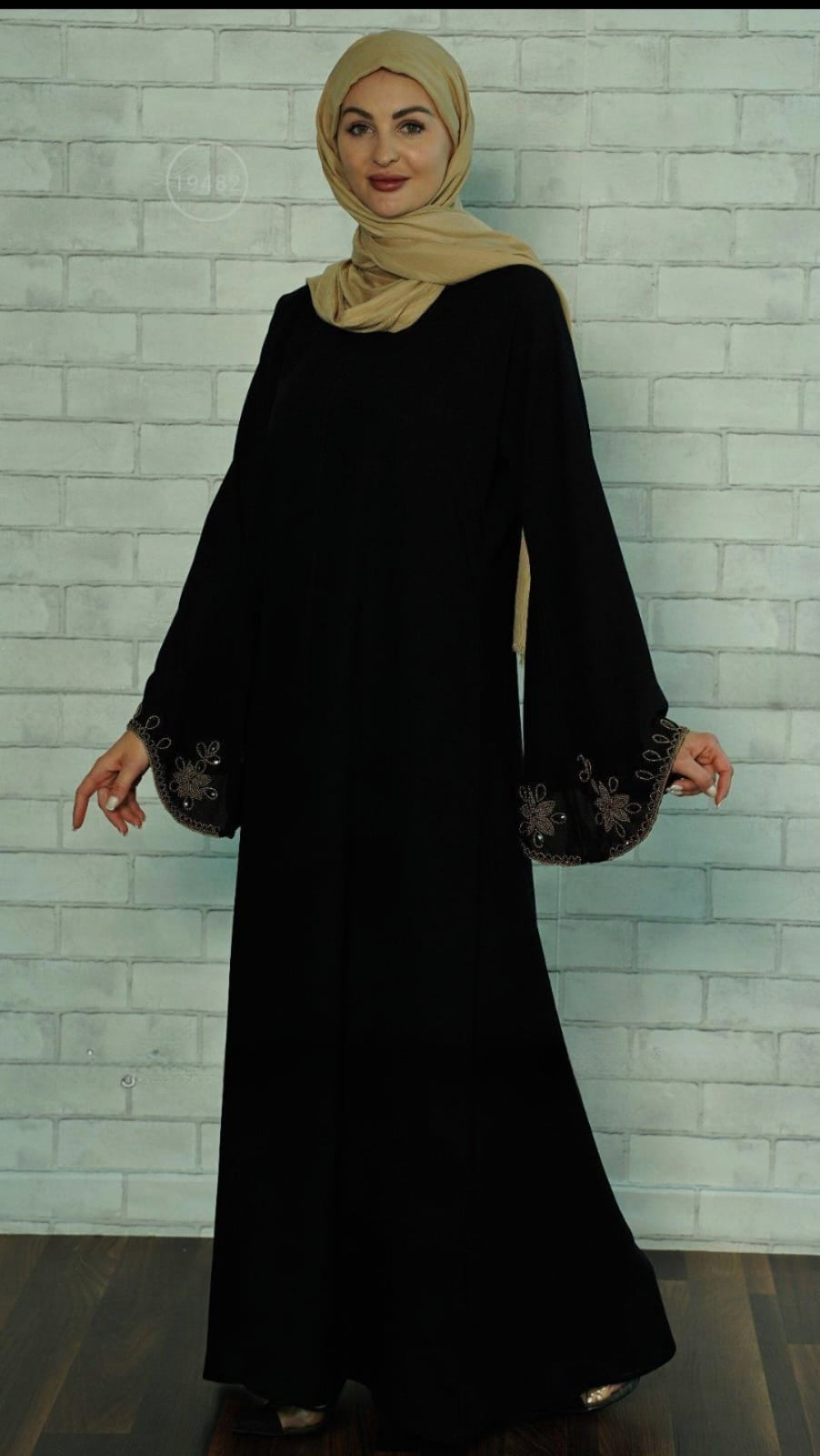 Black Masha Crepe Abaya with Golden Beads on the Sleeves and Back. - USA Hijab World