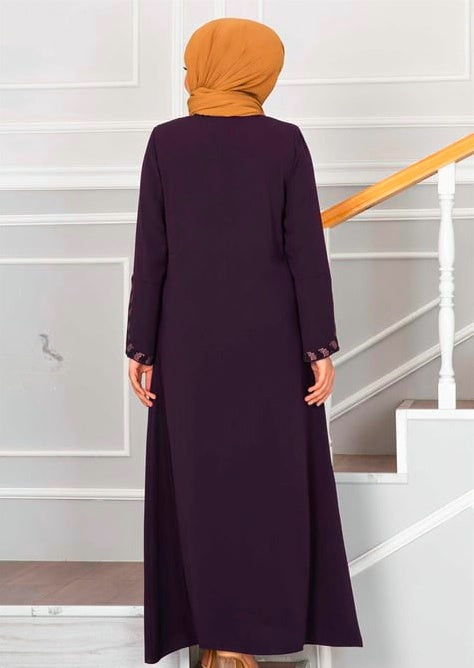 Turkish Stoned Long Zippered Silk Abaya Purple - USA Hijab World