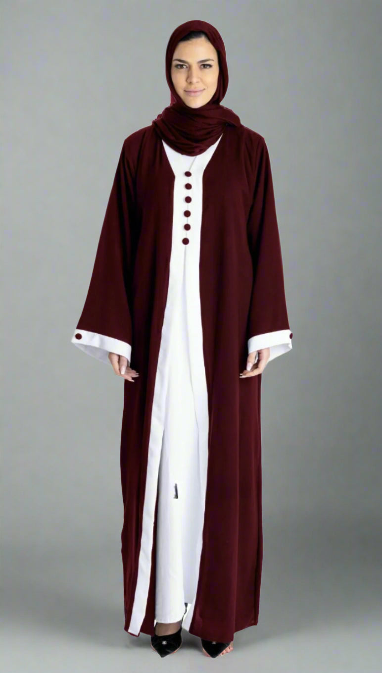Dubai Shrug Abaya With Show Buttons On Front And Sleeves In Maroon - USA Hijab World