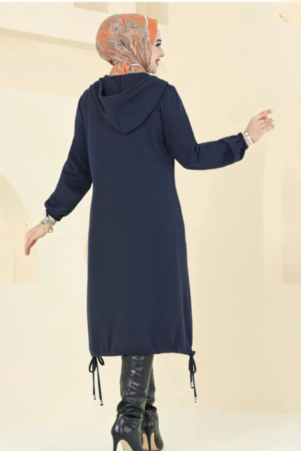 Long Sleeve Hooded Overcoat Navy Blue