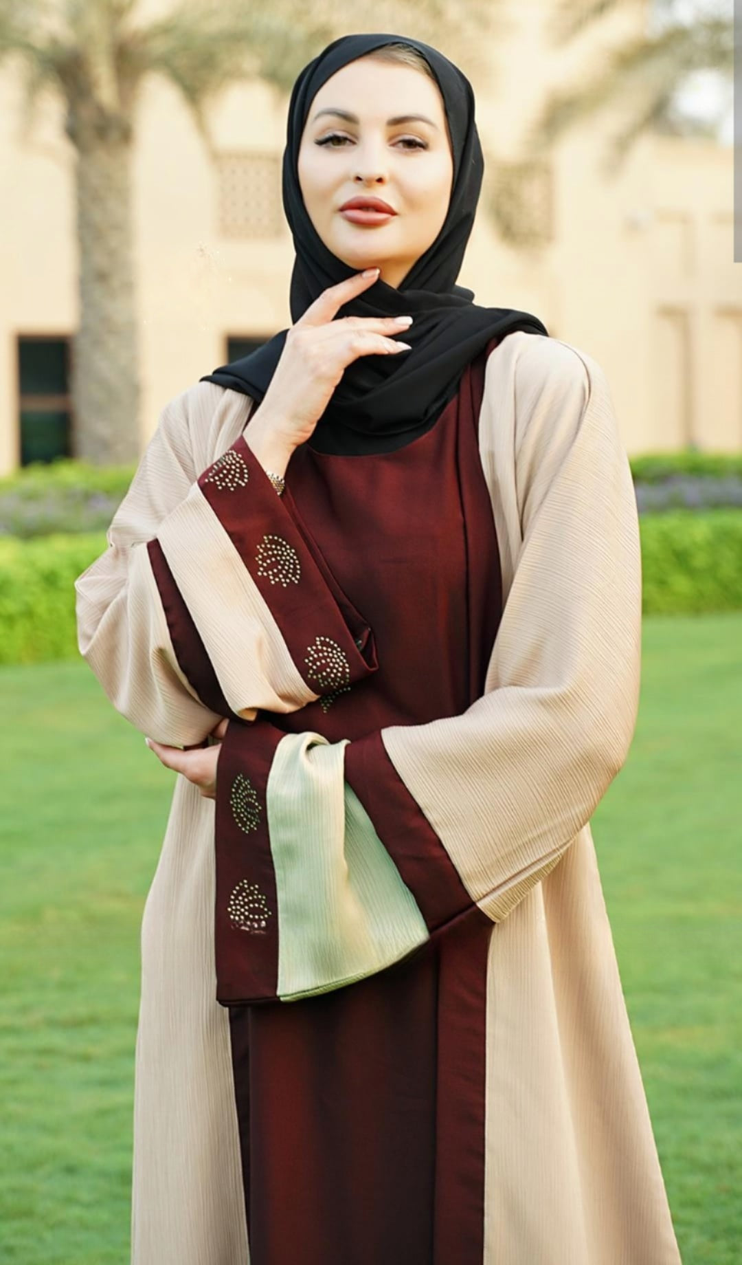 Dubai Masha Crepe Dark Maroon Abaya With an Attached Cream Shrug - USA Hijab World