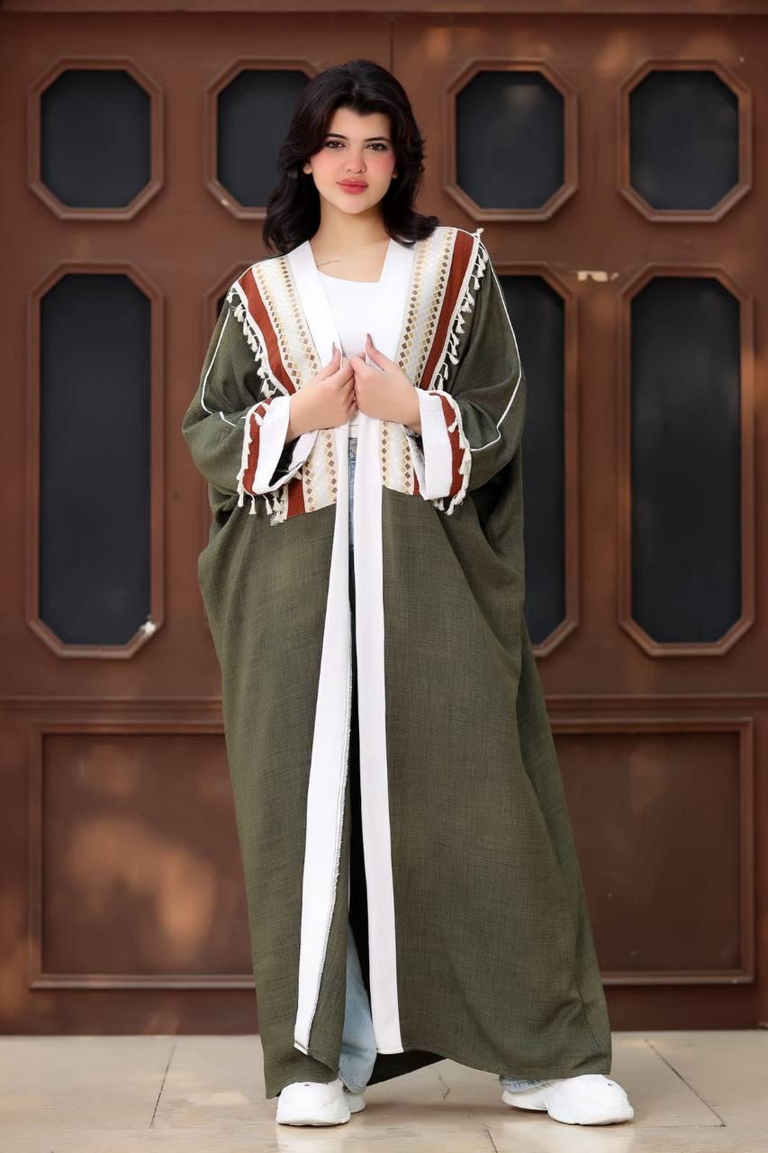 Hand Made Linen Kaftan 2PCs Set Olive