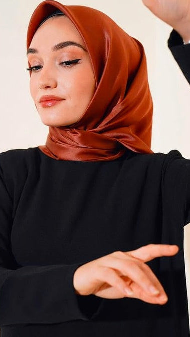 Turkish Square Satin Scarf Brown - USA Hijab World