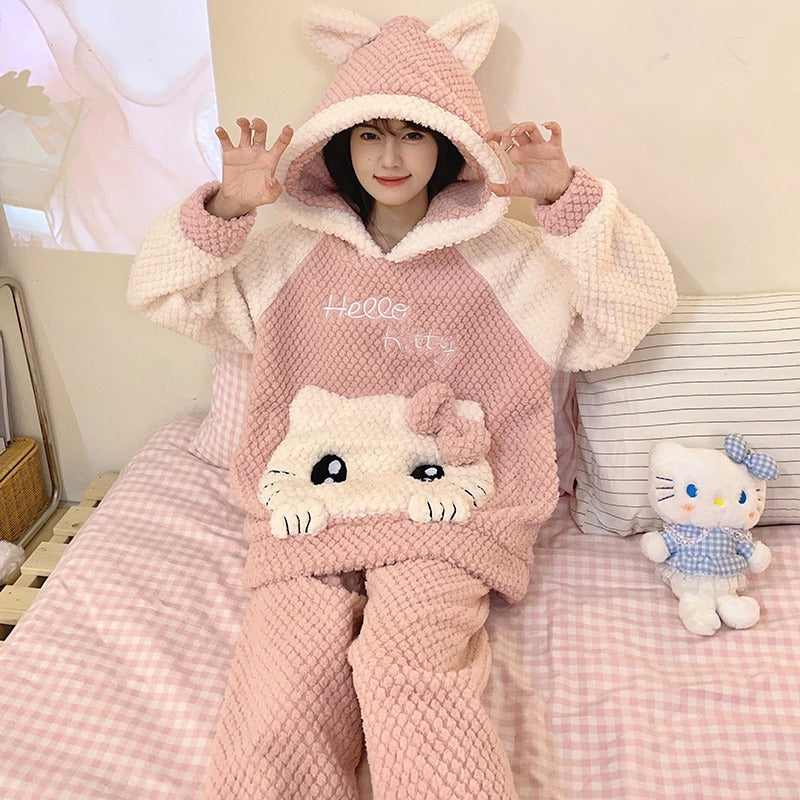 Winter Warm Thick Oversize Hooded Hello Kitty Pajama Set - USA Hijab World
