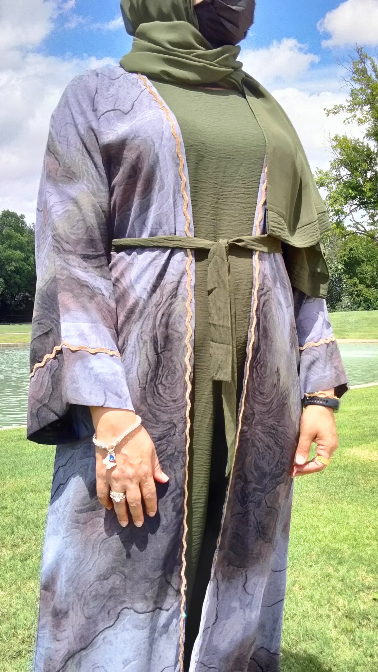 4 Piece Dubai Open Abaya Olive