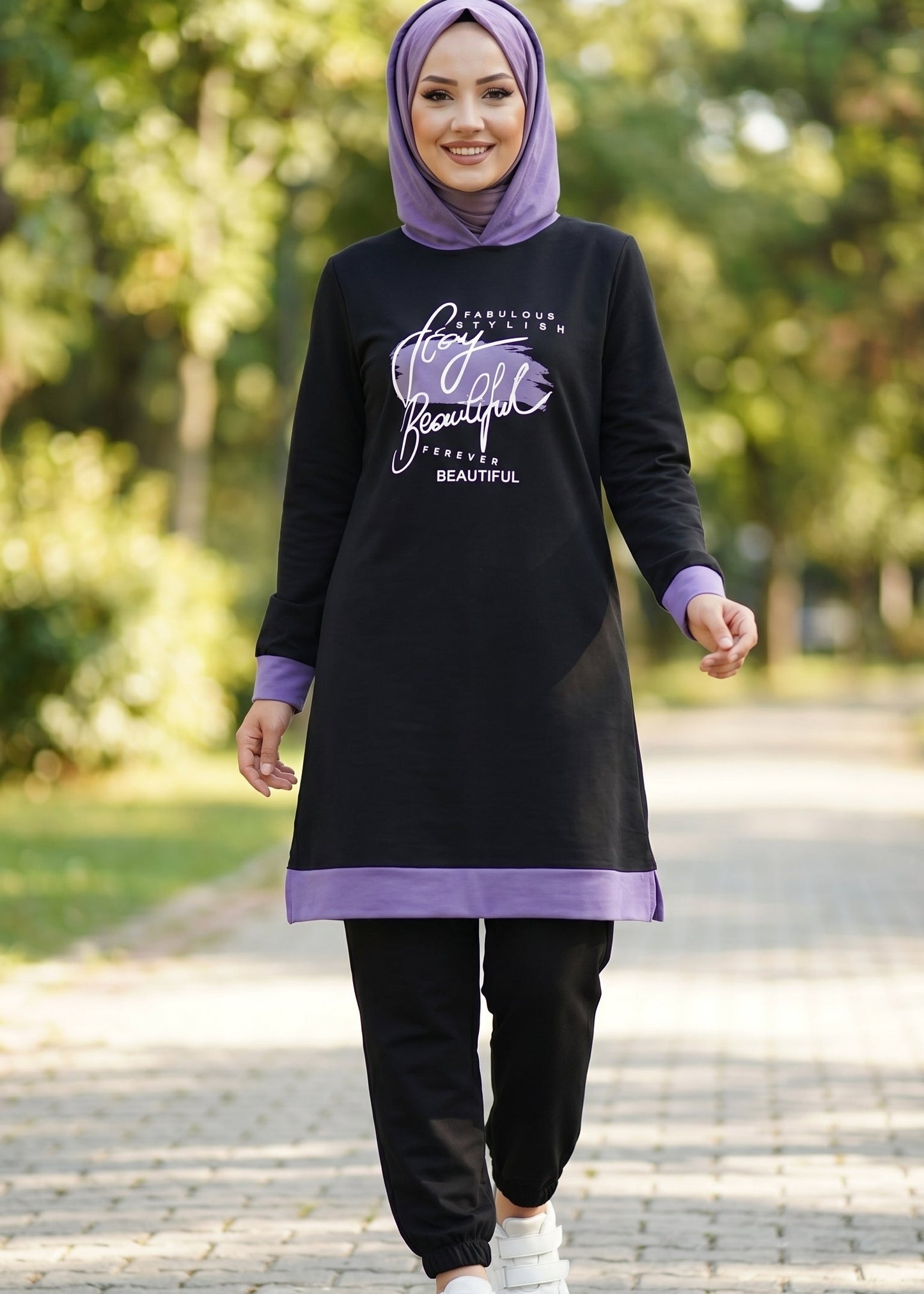 Turkish Modest Outfit -2Pcs Hooded Long Sleeve Tunic Set