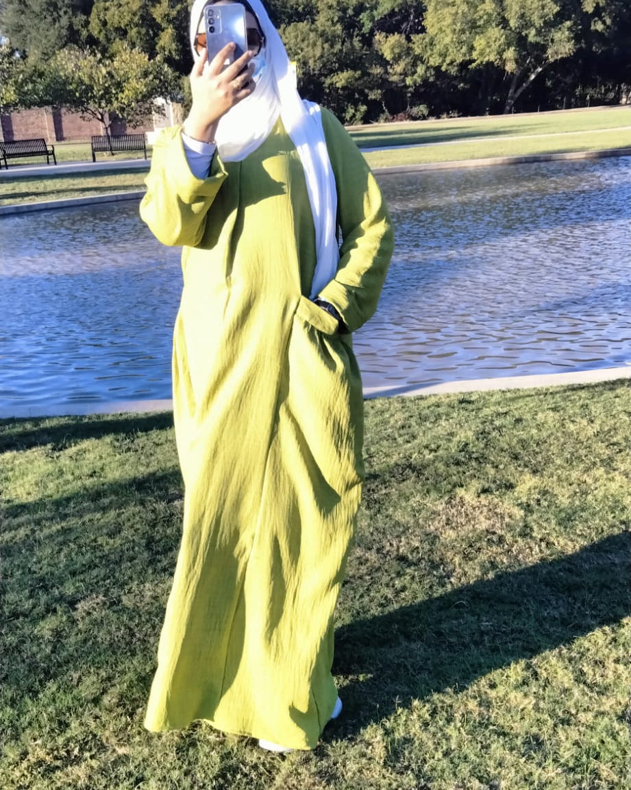 Long Sleeve Maxi Linen Dress Lime Green - USA Hijab World