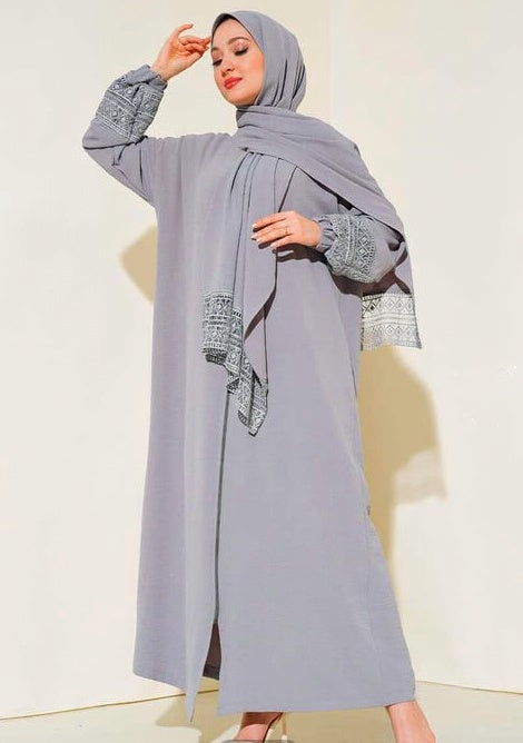 Turkish Model Sleeve Lace Zippered Abaya with Attached Shawl Grey - USA Hijab World