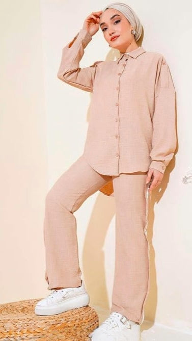Turkish 2 PCs Linen Tunic with Stripe Detailed Pant - USA Hijab World