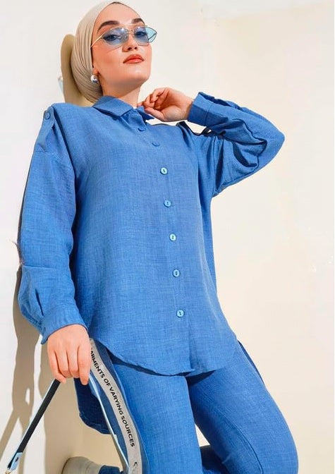 Turkish 2 PCs Linen Tunic with Stripe Detailed Pant - USA Hijab World