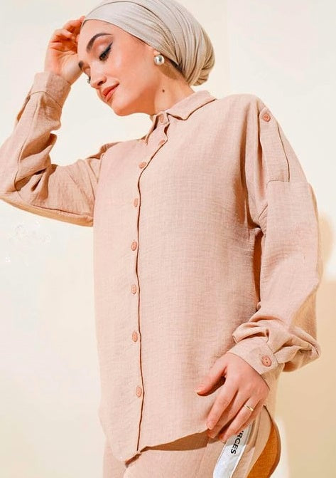 Turkish 2 PCs Linen Tunic with Stripe Detailed Pant - USA Hijab World