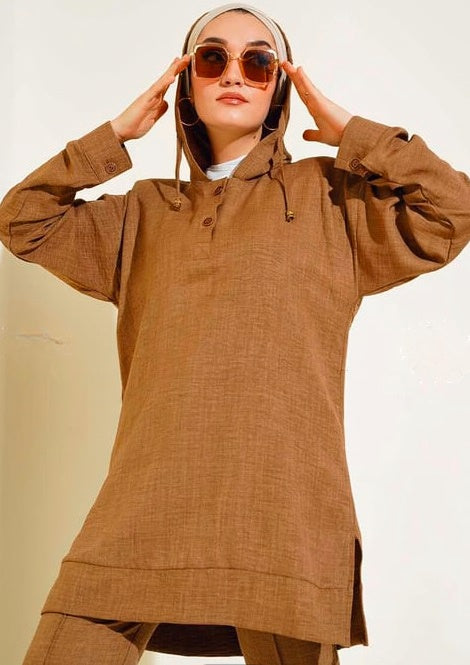 Turkish Hooded Buttoned Linen 2 PCs Tunic Set Brown - USA Hijab World