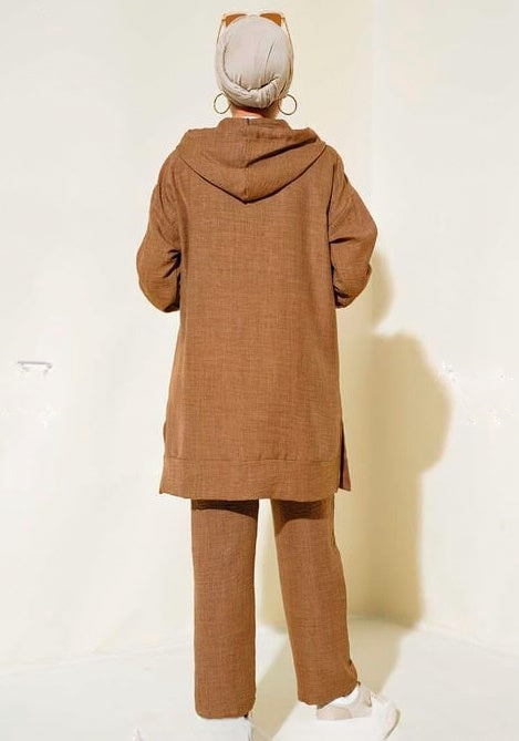 Turkish Hooded Buttoned Linen 2 PCs Tunic Set Brown - USA Hijab World