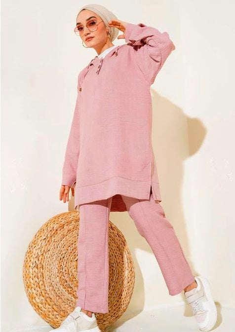 Turkish Hooded Buttoned Linen 2 PCs Tunic Set Pink - USA Hijab World