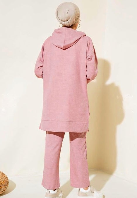 Turkish Hooded Buttoned Linen 2 PCs Tunic Set Pink - USA Hijab World