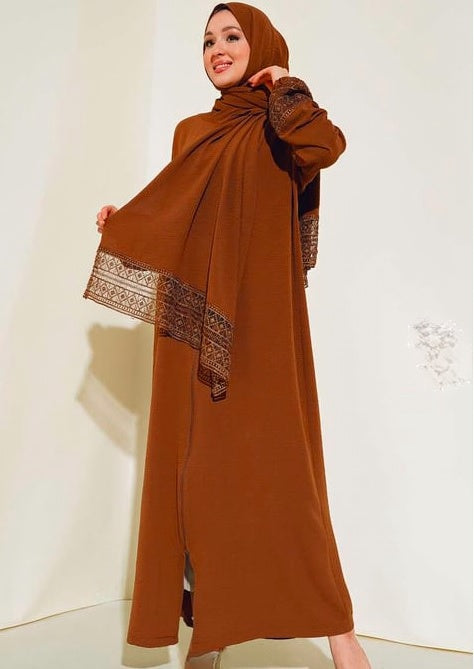 Turkish Model Sleeve Lace Zippered Abaya with Attached Shawl Brown - USA Hijab World