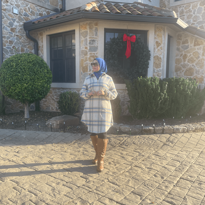 Modest Winter Wear-Turkish Long Hooded Tunic Outfit for Women in Beige