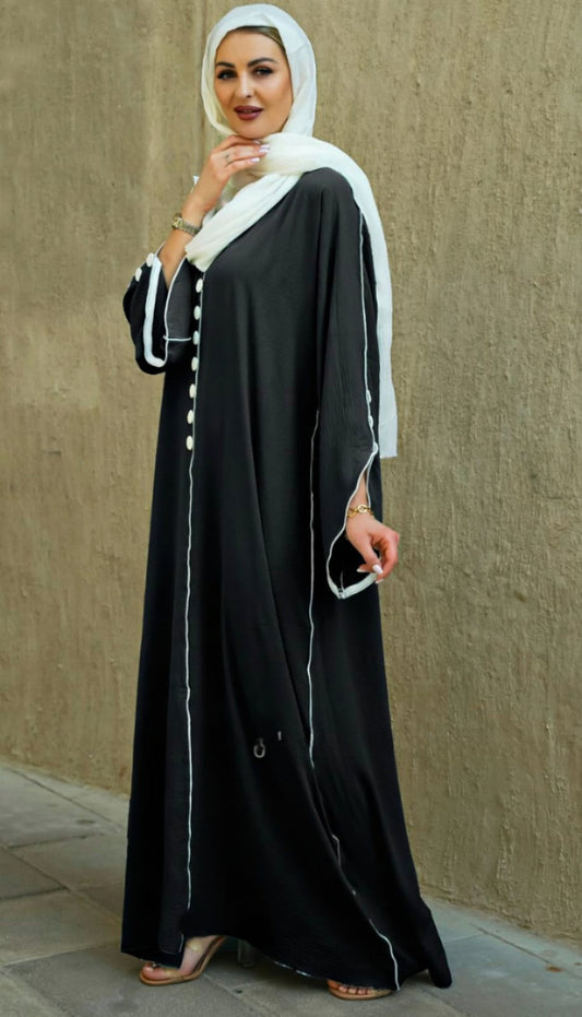 Dubai Abaya with White Piping and Show Buttons on the Front and Sleeves Black - USA Hijab World