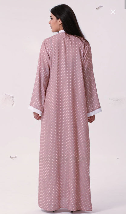 Dubai Shrug Abaya With Polka Dot Print In Pink - USA Hijab World