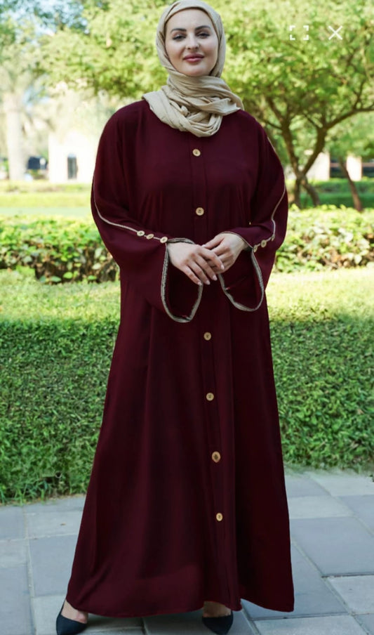 Dubai Abaya With Beige Piping And Show Button on the Front And Sleeves In Maroon - USA Hijab World